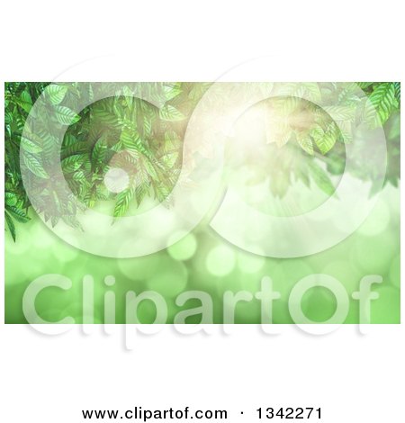 Clipart of a Background of 3d Leaves, Bright Light and Flares on Green - Royalty Free Illustration by KJ Pargeter