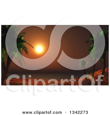 Clipart of a 3d Deep Orange Tropical Sunset Framed by Palm Trees on an Island - Royalty Free Illustration by KJ Pargeter