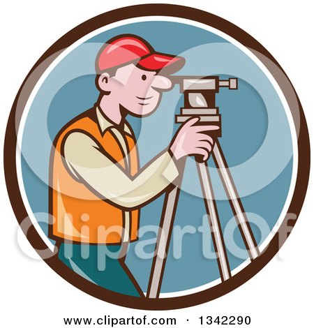 Clipart of a Retro Cartoon White Male Surveyor Using a Theodolite in a Brown White and Blue Circle - Royalty Free Vector Illustration by patrimonio