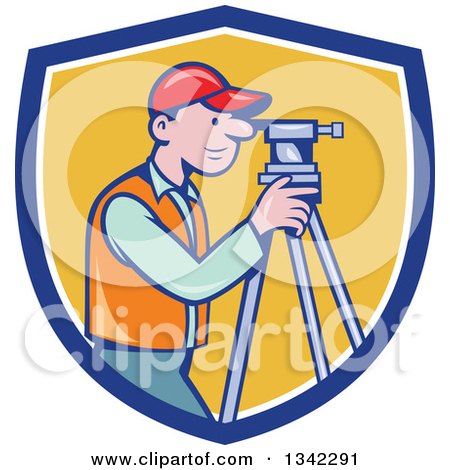 Clipart of a Retro Cartoon White Male Surveyor Using a Theodolite in a Blue White and Yellow Shield - Royalty Free Vector Illustration by patrimonio