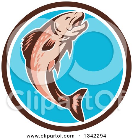 Clipart of a Retro Trout Fish Jumping in a Brown White and Blue Circle - Royalty Free Vector Illustration by patrimonio