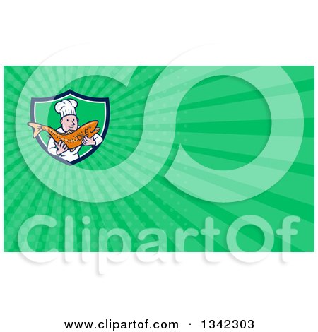 Clipart of a Cartoon Caucasian Male Chef Holding a Fresh Trout Fish in a Shield and Green Rays Background or Business Card Design - Royalty Free Illustration by patrimonio