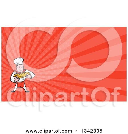 Clipart of a Cartoon Caucasian Male Chef Baker Holding a Loaf of Bread and Red Rays Background or Business Card Design - Royalty Free Illustration by patrimonio