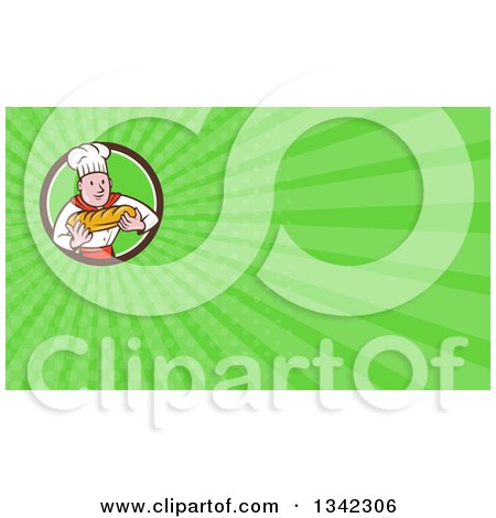 Clipart of a Cartoon Caucasian Male Chef Baker Holding a Loaf of Bread in a Circle and Green Rays Background or Business Card Design - Royalty Free Illustration by patrimonio