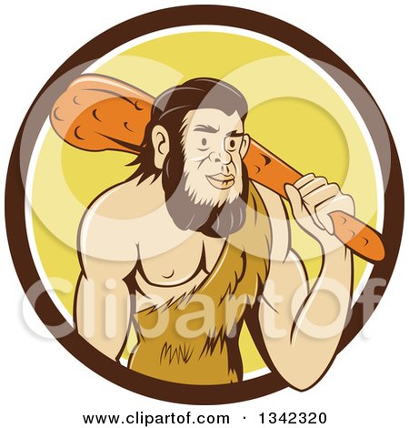 Clipart of a Cartoon Caveman Holding a Club over His Shoulder in a Brown White and Yellow Circle - Royalty Free Vector Illustration by patrimonio