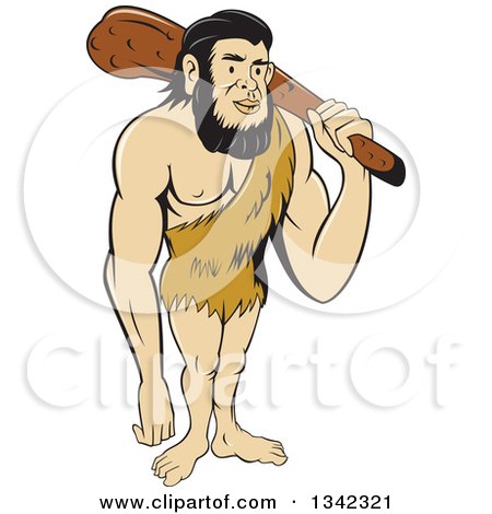 Clipart of a Cartoon Caveman Holding a Club over His Shoulder - Royalty Free Vector Illustration by patrimonio