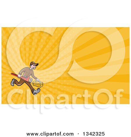 Clipart of a Cartoon White Male Plumber Running and Carrying a Monkey Wrench and Tool Box and Yellow Rays Background or Business Card Design - Royalty Free Illustration by patrimonio