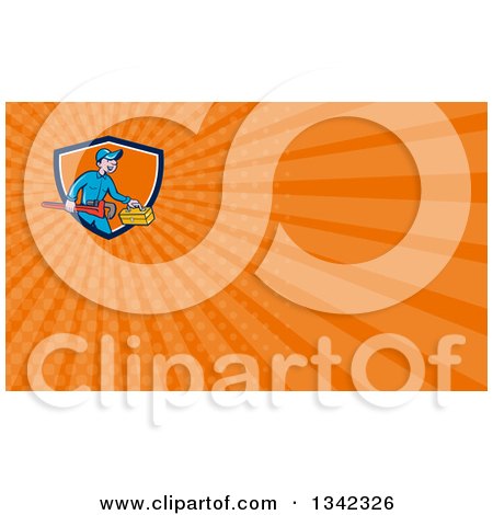 Clipart of a Cartoon White Male Plumber Carrying a Monkey Wrench and Tool Box in a Shield and Orange Rays Background or Business Card Design - Royalty Free Illustration by patrimonio