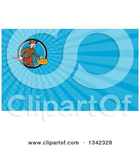 Clipart of a Cartoon White Male Plumber Carrying a Monkey Wrench and Tool Box in a Circle and Blue Rays Background or Business Card Design - Royalty Free Illustration by patrimonio