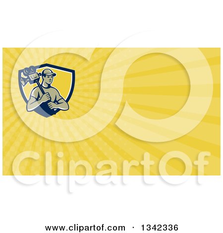 Clipart of a Retro Male Cameraman Carrying a Camera and Yellow Rays Background or Business Card Design - Royalty Free Illustration by patrimonio