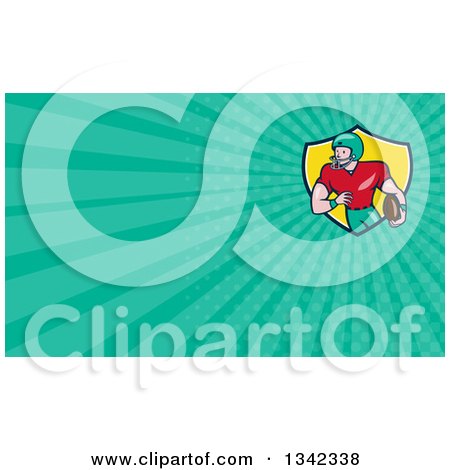 Clipart of a Cartoon White Male Football Receiver and Turquoise Rays Background or Business Card Design - Royalty Free Illustration by patrimonio