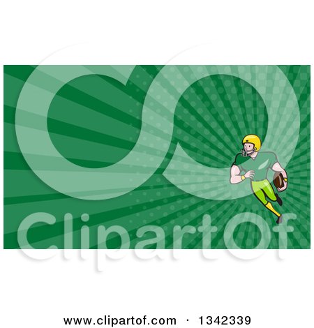 Clipart of a Cartoon White Male Football Receiver and Green Rays Background or Business Card Design - Royalty Free Illustration by patrimonio