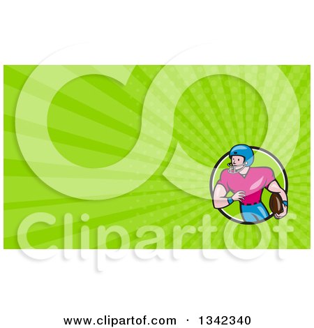 Clipart of a Cartoon White Male Football Receiver and Bright Green Rays Background or Business Card Design - Royalty Free Illustration by patrimonio
