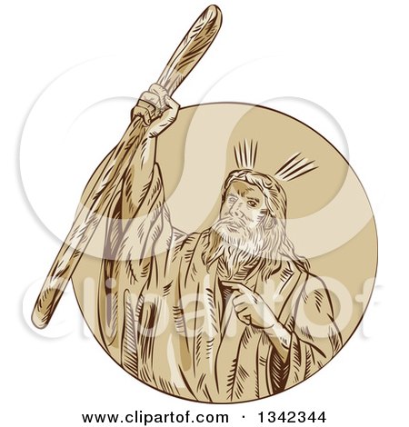 Clipart of a Retro Sketched Moses Raising His Staff Rod to Part the Red Sea, Emerging from a Circle - Royalty Free Vector Illustration by patrimonio