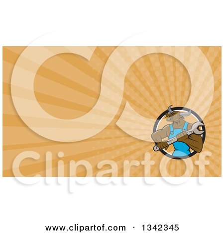 Clipart of a Cartoon Angry Brown Bull Man Mechanic Holding a Wrench in a Circle and Orange Rays Background or Business Card Design - Royalty Free Illustration by patrimonio