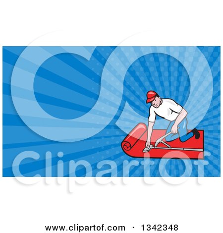 Clipart of a Cartoon White Male Carpet Layer Worker and Blue Rays Background or Business Card Design - Royalty Free Illustration by patrimonio