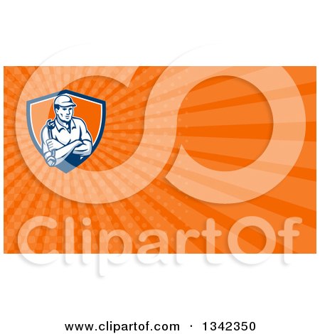 Clipart of a Retro Male Mechanic Holding a Wrench in Folded Arms in a Shield and Orange Rays Background or Business Card Design - Royalty Free Illustration by patrimonio