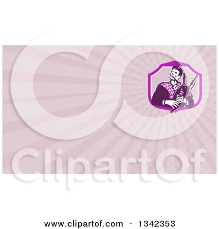 Clipart of a Retro Male Scotsman Bagpiper in a Shield and Pastel Purple Rays Background or Business Card Design - Royalty Free Illustration by patrimonio