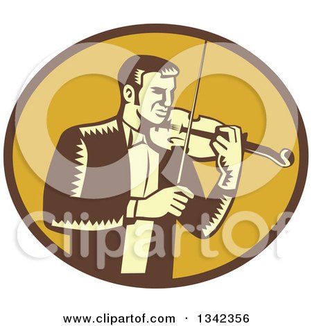 Clipart of a Retro Woodcut Male Violinist Playing a Fiddle in a Brown and Yellow Oval - Royalty Free Vector Illustration by patrimonio