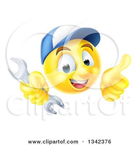 Clipart of a Cartoon Yellow Emoji Emoticon Plumber or Mechanic Wearing a Baseball Cap, Holding a Wrench and Giving a T Humb up - Royalty Free Vector Illustration by AtStockIllustration