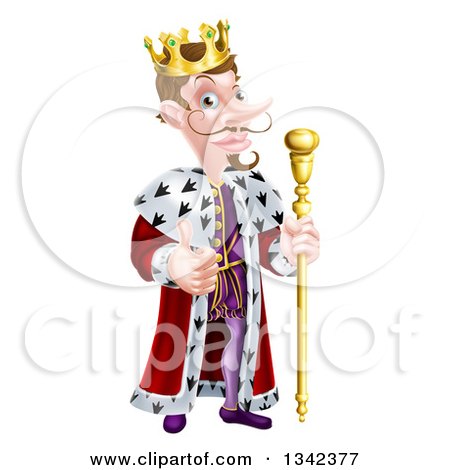 Clipart of a Happy Brunette White King Giving a Thumb up and Holding a Staff 2 - Royalty Free Vector Illustration by AtStockIllustration