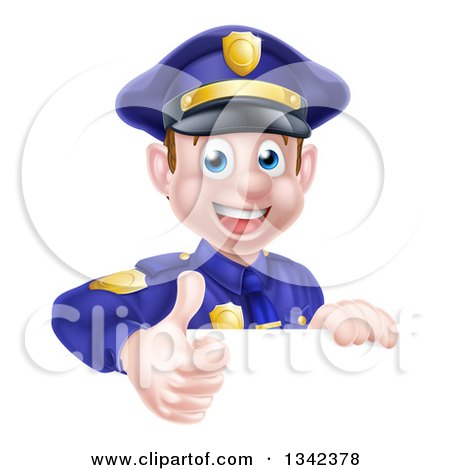 Clipart of a Cartoon Happy Caucasian Male Police Officer Giving a Thumb up over a Sign - Royalty Free Vector Illustration by AtStockIllustration