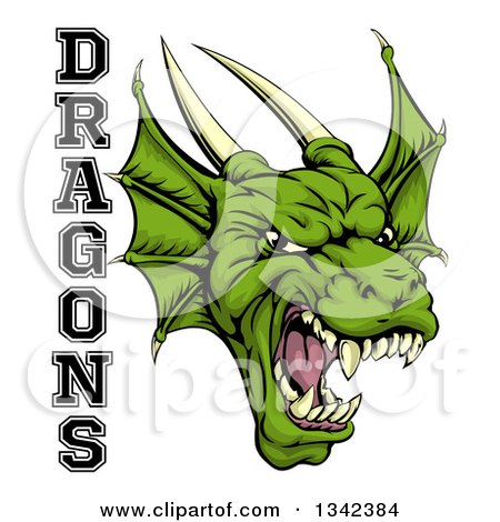Clipart of a Roaring Green Horned Dragon Mascot Face with Text - Royalty Free Vector Illustration by AtStockIllustration