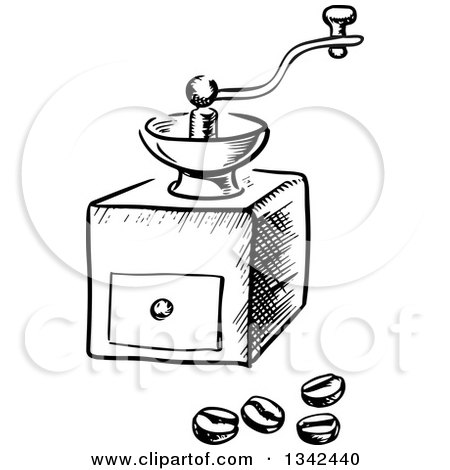 Clipart of a Black and White Sketched Vintage Coffee Grinder and Beans - Royalty Free Vector Illustration by Vector Tradition SM