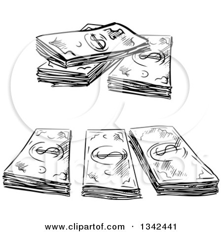 Clipart of a Black and White Sketched Cash Money Bundles - Royalty Free Vector Illustration by Vector Tradition SM