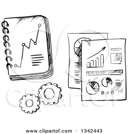 Clipart of a Black and White Sketched Notebook, Charts, Graphs and Gears - Royalty Free Vector Illustration by Vector Tradition SM