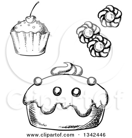 Clipart of Black and White Sketched Cupcakes and Cookies - Royalty Free Vector Illustration by Vector Tradition SM