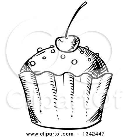 Clipart of a Black and White Sketched Cupcake Topped with a Cherry - Royalty Free Vector Illustration by Vector Tradition SM