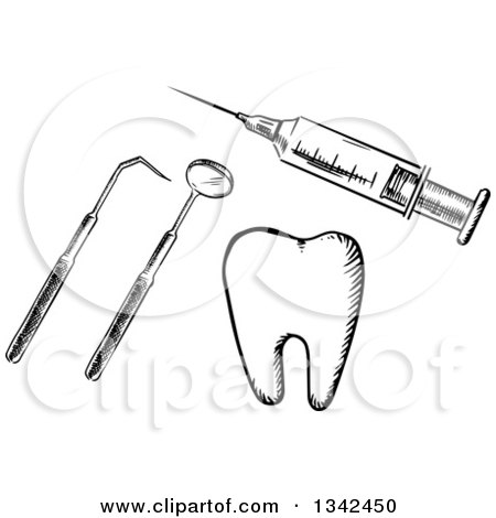 Clipart of a Black and White Sketched Vaccine Syringe, Dental Tools and a Tooth - Royalty Free Vector Illustration by Vector Tradition SM