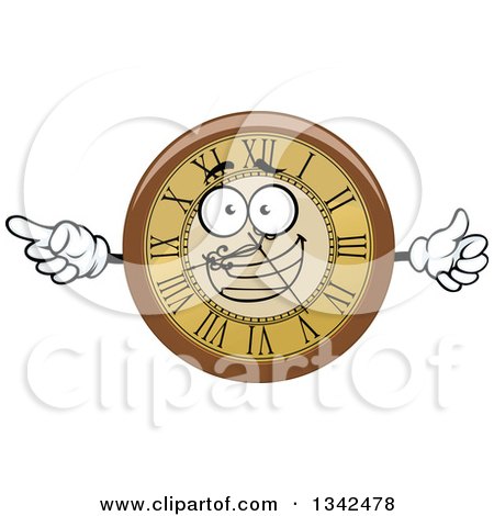 Clipart of a Cartoon Wall Clocks Character Giving a Thumb up and Pointing - Royalty Free Vector Illustration by Vector Tradition SM