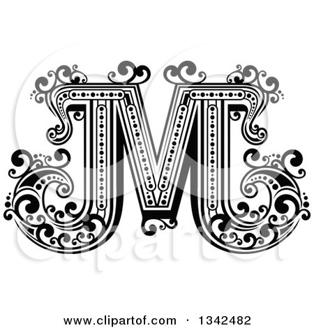 Clipart of a Retro Black and White Capital Letter M with Flourishes - Royalty Free Vector Illustration by Vector Tradition SM