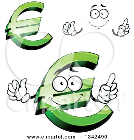 Clipart of a Cartoon Face, Hands and Green Euro Currency Symbols - Royalty Free Vector Illustration by Vector Tradition SM