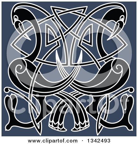 Clipart of Black and White Celtic Knot Cranes or Herons on Blue - Royalty Free Vector Illustration by Vector Tradition SM