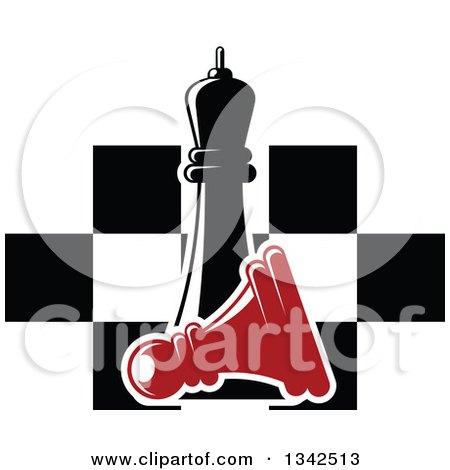 Clipart of a Black Chess Queen over a Fallen Red Pawn and a Board - Royalty Free Vector Illustration by Vector Tradition SM