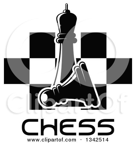 Clipart of a Black and White Chess Queen over a Fallen Pawn, Text and a Board - Royalty Free Vector Illustration by Vector Tradition SM