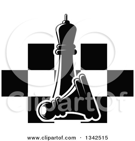 Clipart of a Black and White Chess Queen over a Fallen Pawn and a Board - Royalty Free Vector Illustration by Vector Tradition SM
