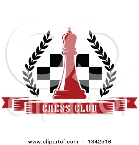 Clipart of a Red Chess Queen over a Board and Text Banner with a Wreath - Royalty Free Vector Illustration by Vector Tradition SM