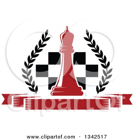 Clipart of a Red Chess Queen over a Board and Blank Red Banner with a Wreath - Royalty Free Vector Illustration by Vector Tradition SM