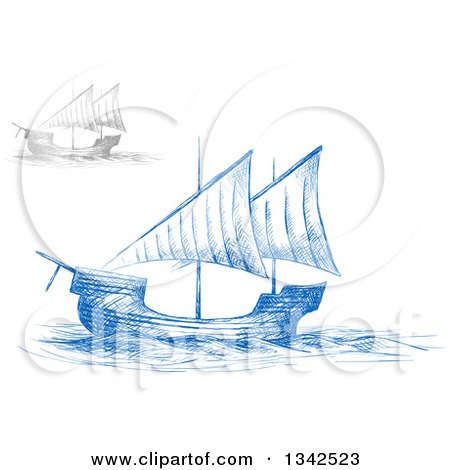 Clipart of Sketched Blue and Gray Sailing Ships - Royalty Free Vector Illustration by Vector Tradition SM