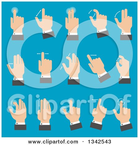 Clipart of Flat Design White Business Man's Hands with Multitouch Gestures for Tablet or Smartphone over Blue - Royalty Free Vector Illustration by Vector Tradition SM