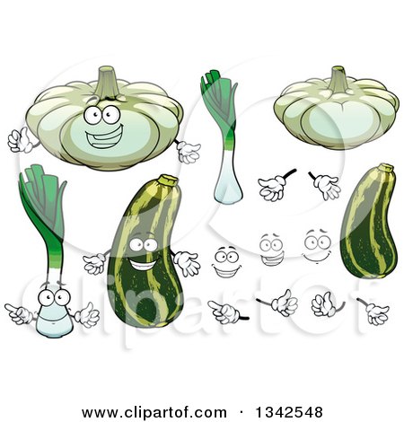 Clipart of Cartoon Leeks, Pattypan Squash and Zucchinis, Faces and Hands - Royalty Free Vector Illustration by Vector Tradition SM