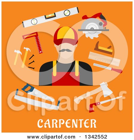 Clipart of a Flat Design White Male Carpenter and Tools over Text on Orange - Royalty Free Vector Illustration by Vector Tradition SM
