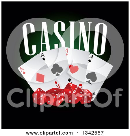 Clipart of Casino Text, Playing Cards and Red Dice on Black - Royalty Free Vector Illustration by Vector Tradition SM