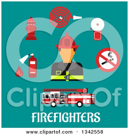 Clipart of a Flat Design Fireman Avatar and Tools over Text on Turquoise - Royalty Free Vector Illustration by Vector Tradition SM