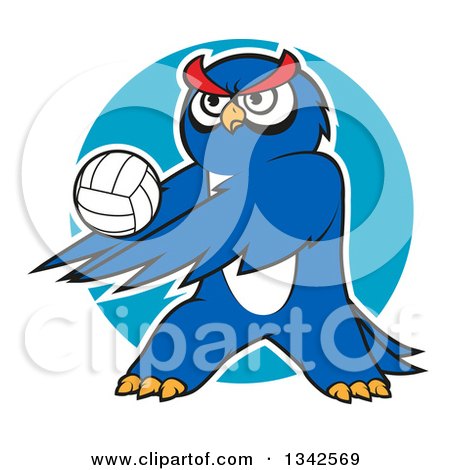 Clipart of a Cartoon White Outlined Blue Owl Playing Volleyball over a Circle - Royalty Free Vector Illustration by Vector Tradition SM