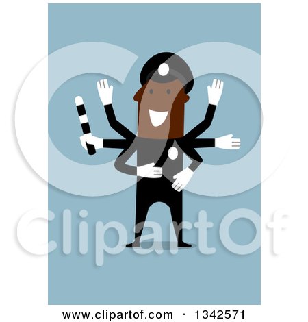 Clipart of a Flat Design Black Police Officer Directing Traffic, over Blue - Royalty Free Vector Illustration by Vector Tradition SM
